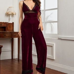 Contrast Lace Trim Velvet Cami Sleep Jumpsuit